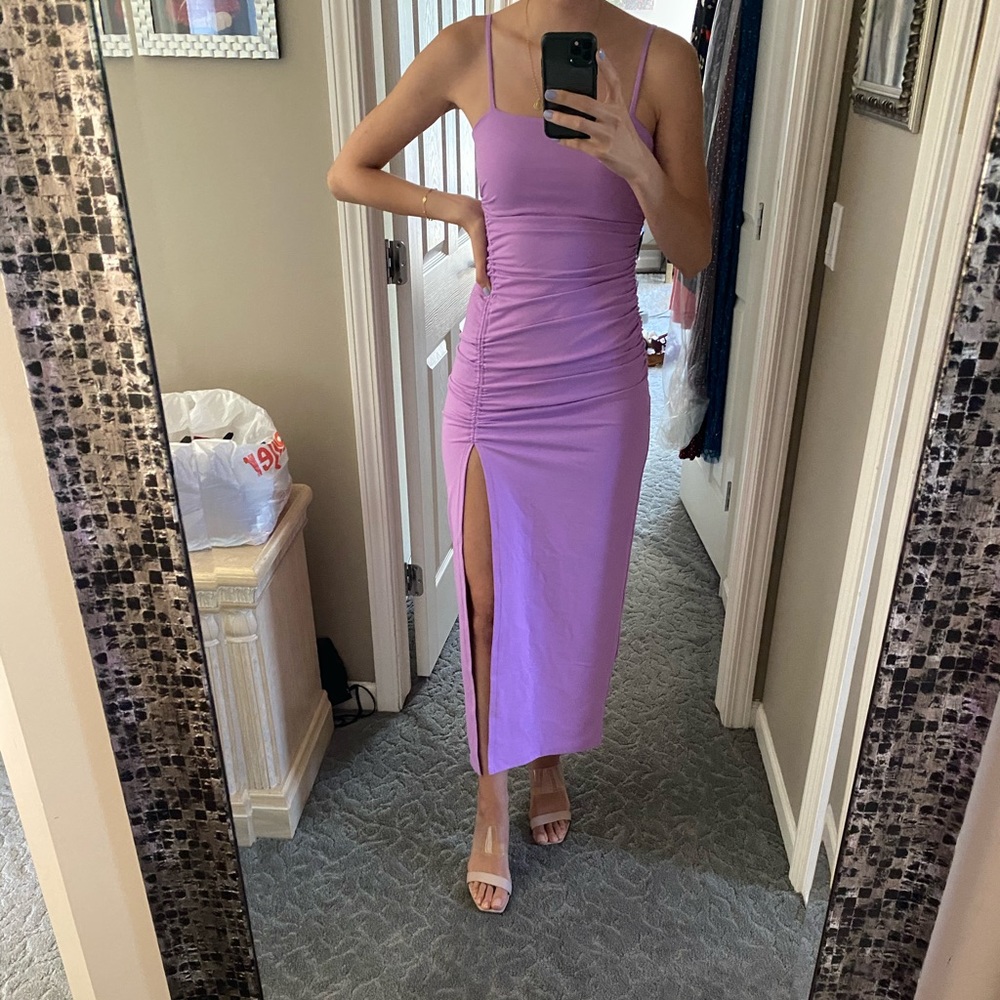 Ruched bodycon high slit dress